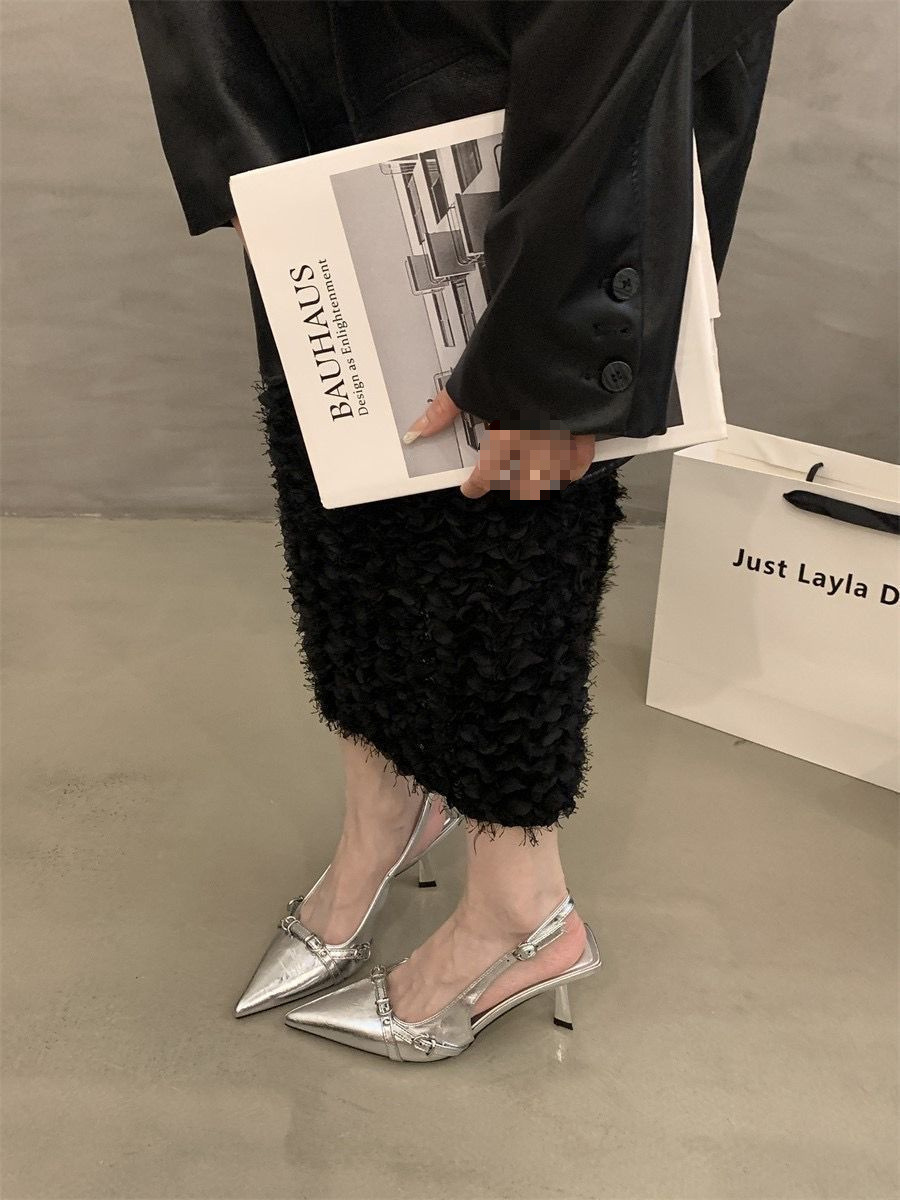 Design Sense Silver Pointed Toe High Heel Sandals For Women Summer New Elegant Socialite Versatile_vogvips.com