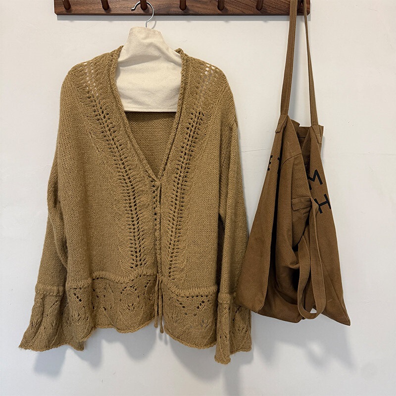 Sweet Dream Toffee/Imported Knitted Sweater with Fancy Hollow Pattern + Crochet Floral French Cardigan with Bell Sleeve Design Sweet Dream Toffee/Imported Knitted Sweater with Fancy Hollow Pattern + Crochet Floral French Cardigan with Bell Sleeve Design