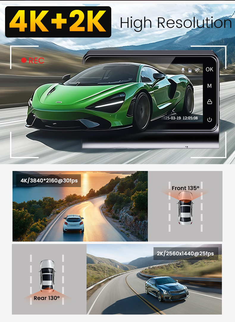 Cross-Border 3inch Screen 4K+2K+Wifi+Gps Front and Rear Dual Recording Ultra-Clear Driving Recorder Wifi Car Internet