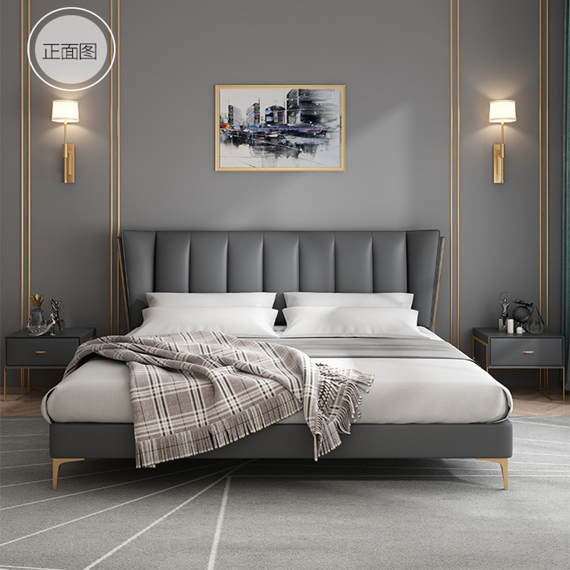 Italiano de lujo ligero cama de cuero genuino moderno minimalista dormitorio principal 1,8 m cama doble cama de boda borde de la cama de cuero venta directa de fábrica