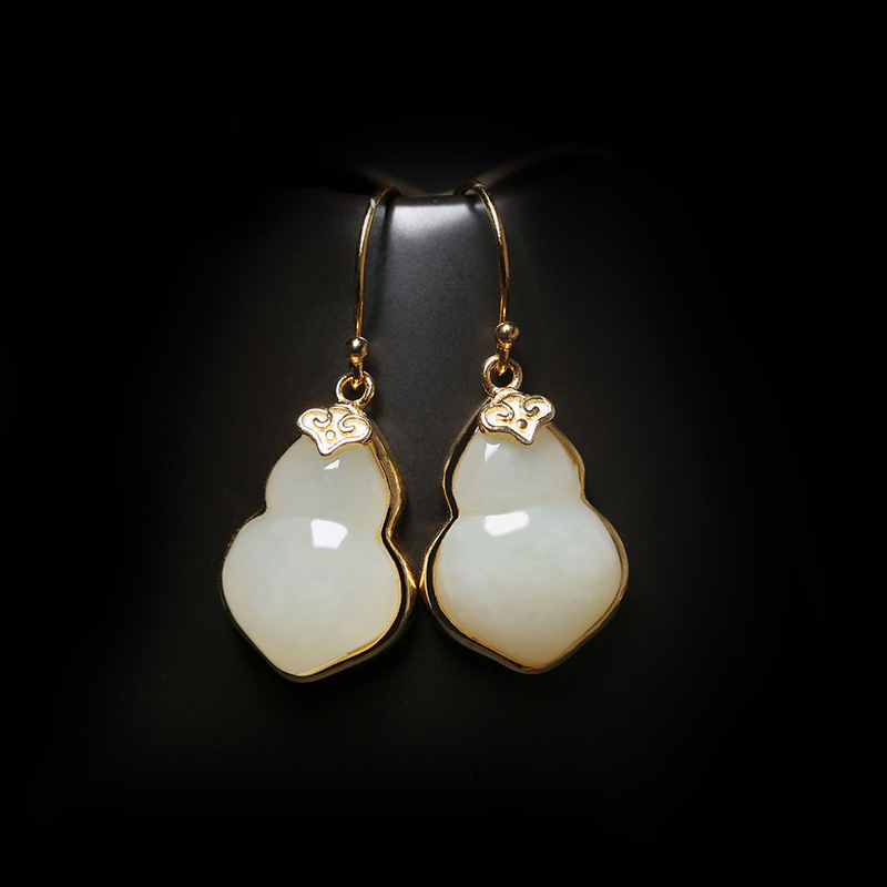 智贝主图_0和田白玉葫芦耳坠金镶玉S925纯银耳钩送妈妈母