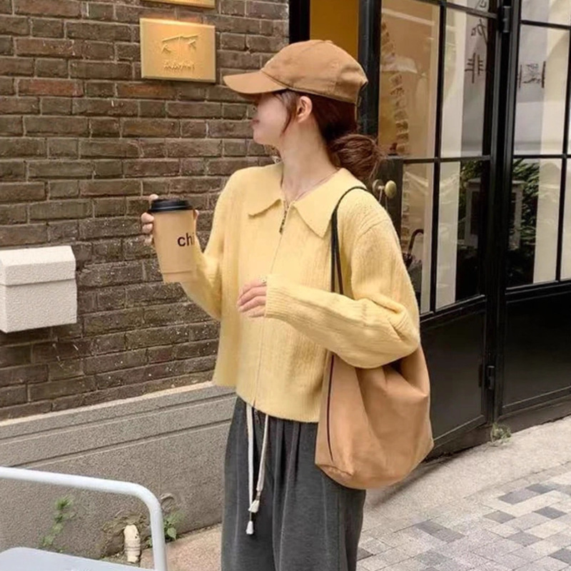 法式黄色翻领长袖毛衣外套女2025早秋新款双拉链设计针织开衫上衣|undefined