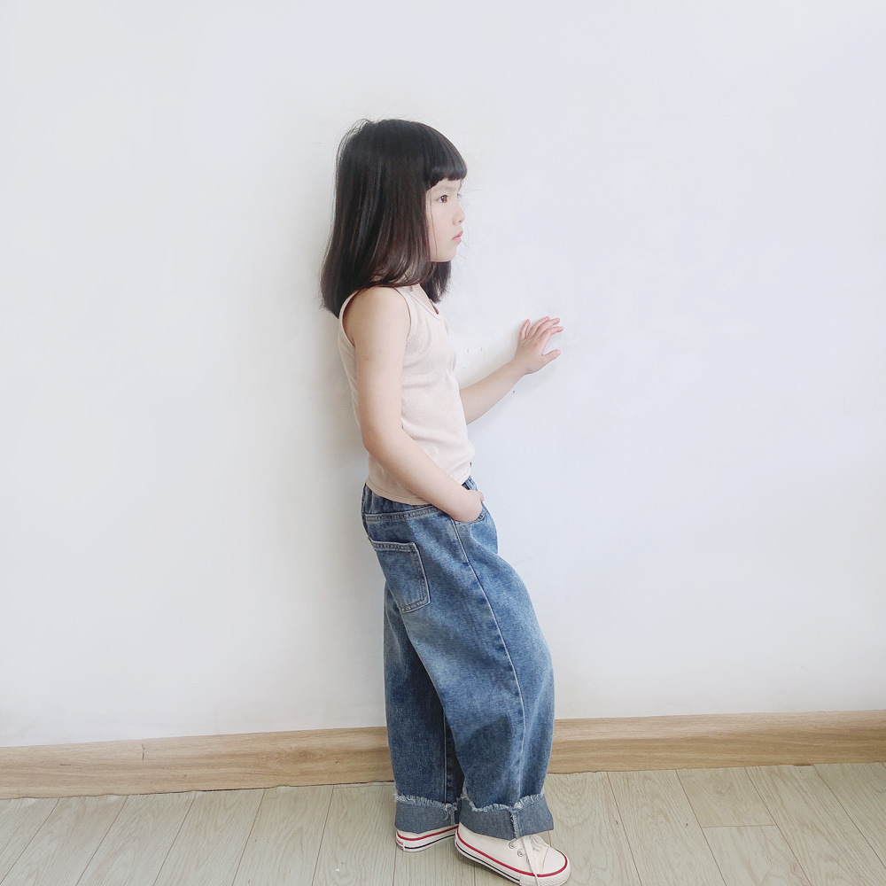 ANKRT 春夏休閒親子裝男孩牛仔褲女童寬鬆闊腳流蘇長褲子兒童防曬