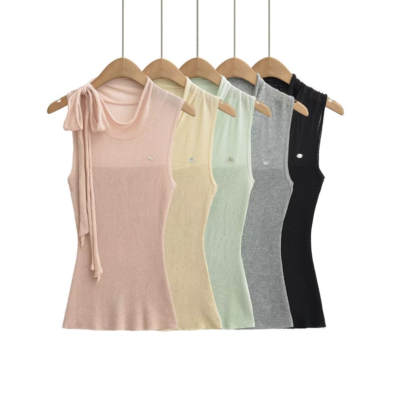 Stand Collar Sleeveless Vest with Ribbon, Fine Shimmer Texture, Draped Collar, Tie Waist, Pure Desire Slim Fit Knit Base Top Stand Collar Sleeveless Vest with Ribbon, Fine Shimmer Texture, Draped Collar, Tie Waist, Pure Desire Slim Fit Knit Base Top
