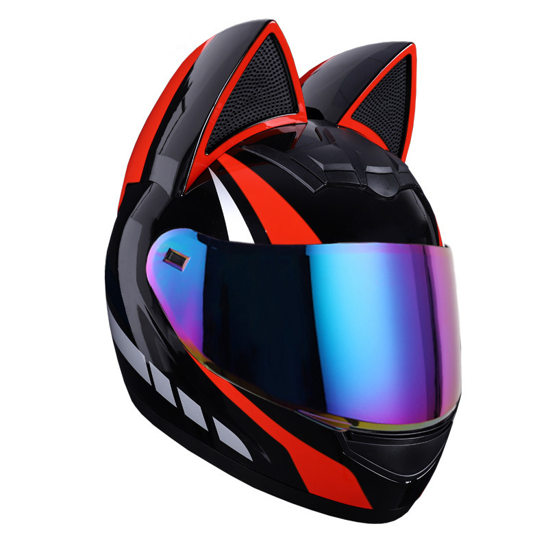 Casco de motocicleta eléctrica HNJ, casco integral con oreja de gato certificado 3C para mujer, verano, se puede equipar con auriculares Bluetooth, casco integral para motocicleta