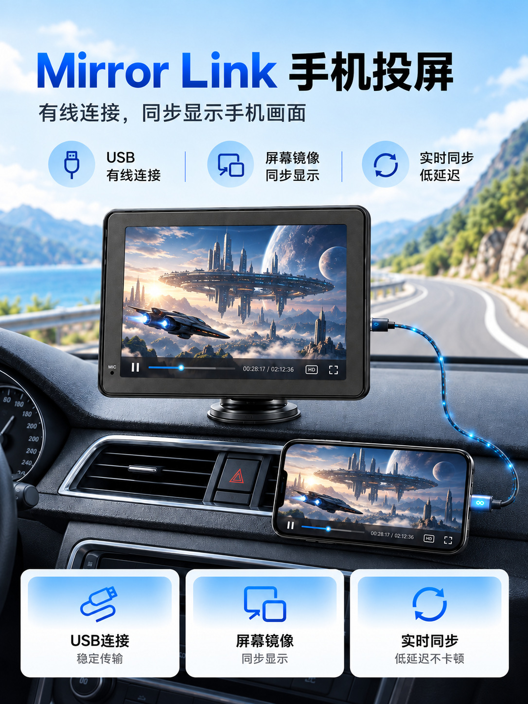 7inch Portable Car MP5 Wireless CarPlay Android Auto Rearview Camera Central Control Screen