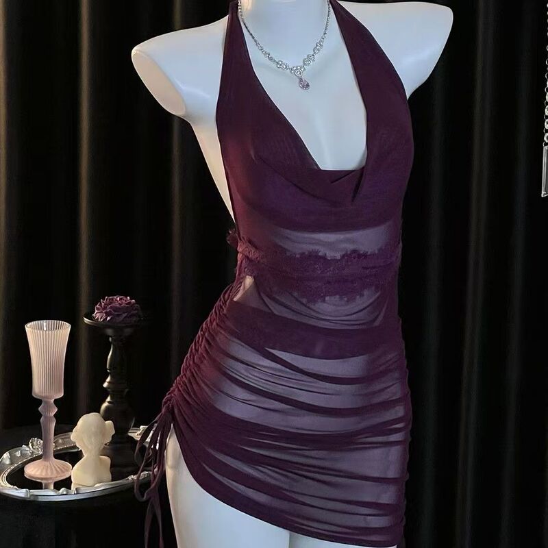 Sexy Lingerie, Pure Lust, Sexy Charm, Purple Hip-Hugging Dress, Halter Neck, Waist Slimming, See-Through Mesh Uniform