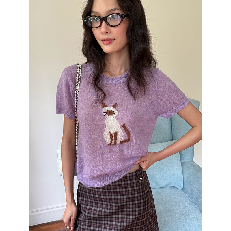 [Clearance, No Returns] Women's Autumn Soft Mohair Short-Sleeve Round Neck Sweater with Cat Embroidery 19228