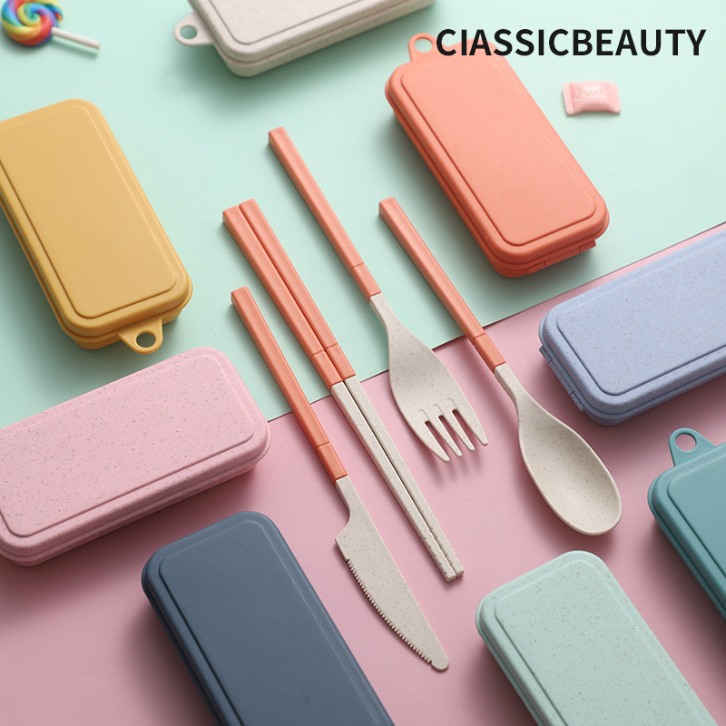 Wheat Straw fold tableware suit Knife and fork chopsticks gift suit Traveling type Tiled tableware