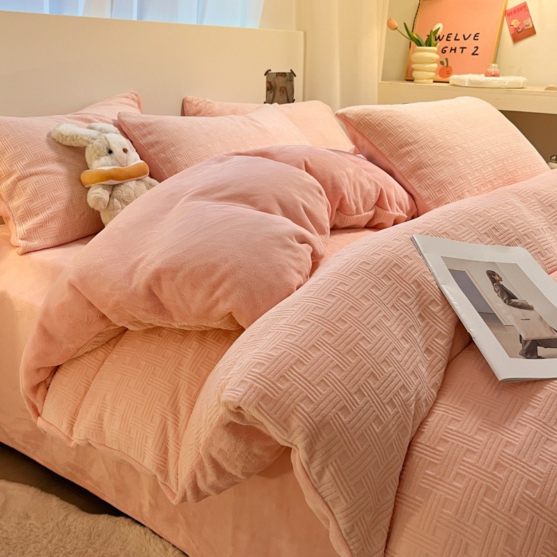 厚いワッフルミルクの毛の4つのセットの3dの立体の彫刻の冬の宝の宝の毛の3つのセットのシーツのベッドの笠の金