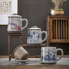 老陶泥辦公杯手繪青花帶蓋子過濾內膽茶水分離馬克杯水杯伴手禮品