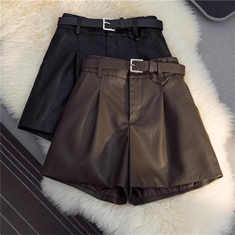 pu leather shorts women's short fall/winter 2024 versatile high waist slimming a-line wide leg pants loose outer boot pants