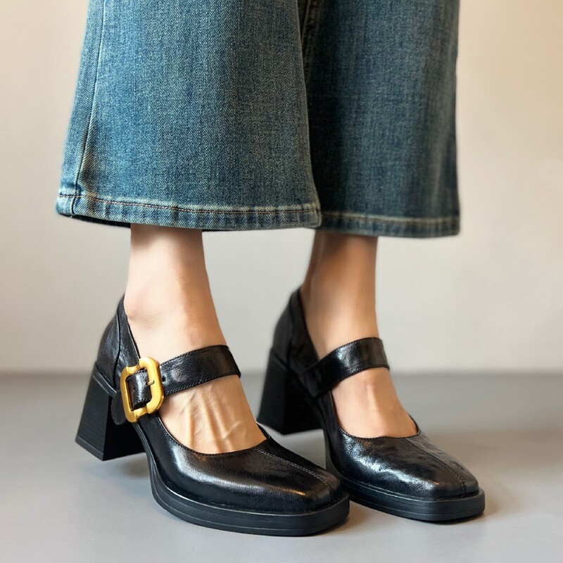 Retro High-Heeled Mary Jane Shoes with Square Toe, Genuine Leather, Waterproof Platform, Chunky Heel, Shallow Mouth Women's Shoes Retro High-Heeled Mary Jane Shoes with Square Toe, Genuine Leather, Waterproof Platform, Chunky Heel, Shallow Mouth Women's Shoes