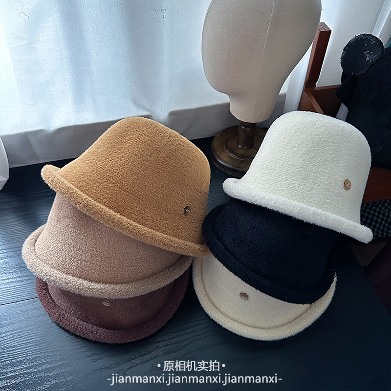 毛绒绒日系卷边盆帽女冬季加厚保暖盆帽优雅圆顶淑女帽子简约纯色|undefined
