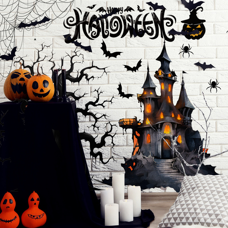 MS7123ハロウィーン黒コウモリクモ城hallowen壁貼り寝室背景装飾壁貼りpvc|undefined