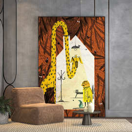 现代轻奢  客厅玄关装饰画抽象长颈鹿插画艺术背景墙壁画竖版挂画