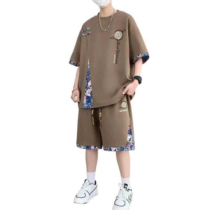 新しい中国風の半袖Tシャツメンズ夏七分袖カジュアルスポーツスーツ男の子着用ショートパンツセット|undefined