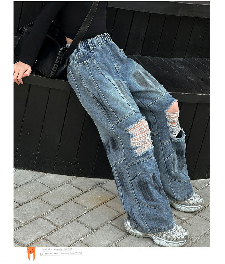 Spot Spring New Paint Style Hole Girls Fashion Children's Miscellaneous European And American Jeans Denim Loose Pants_viptrois.com