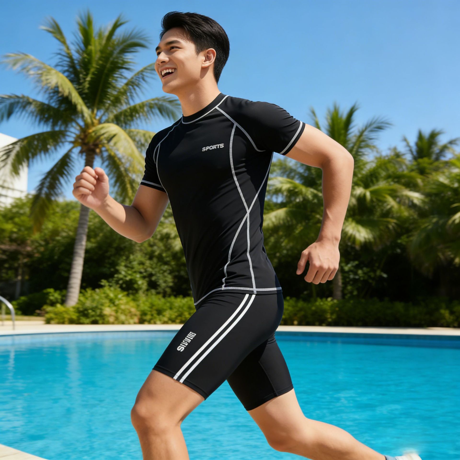 Tengchuang Fine Striped Five-Point Shorts Casual Swimwear Men's Quick-Dry Summer Amazon Short-Sleeve Swimsuit Fitness Training Wear