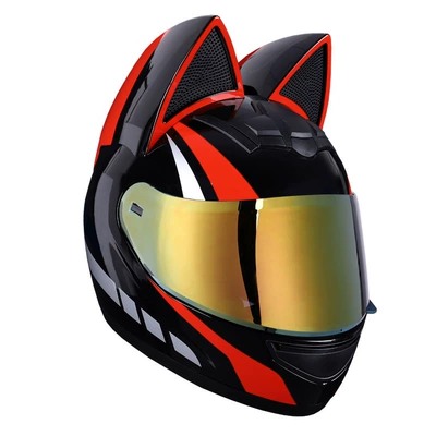 Motosiklet kaskı (dəbilqə) — Electric Vehicle Helmet, in Stock - black-and-red-cat-gold-plated-lenses-s