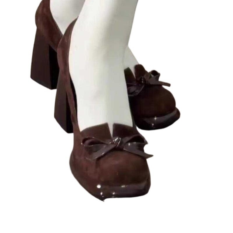 French Medieval Brown Thick Heel Bow Mary Jane High Heels Palace Cheongsam Shoes Chinese Style