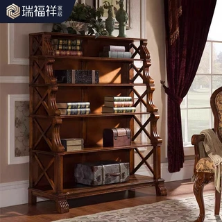 瑞福祥美式书架落地置物架家用实木复古收纳柜储物柜书架一体靠墙