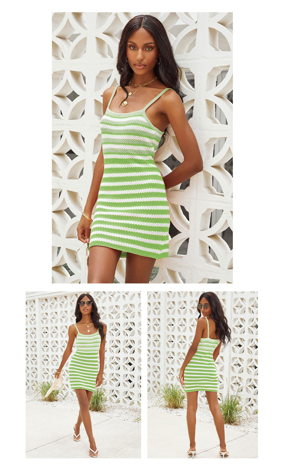 summer color matching striped knitted beach backless sling dress  NSWJY118393