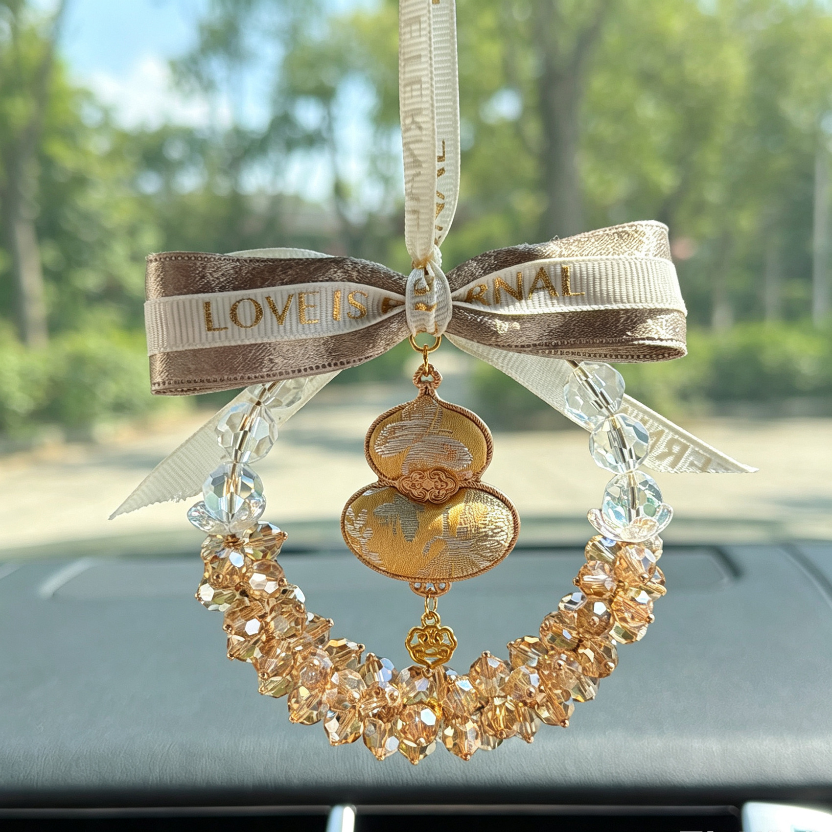 Fulu Car Hanging Ornament with Crystal Gourd and Starry Sky Design for Car Rearview Mirror, Female Driver's Car Interior Decoration