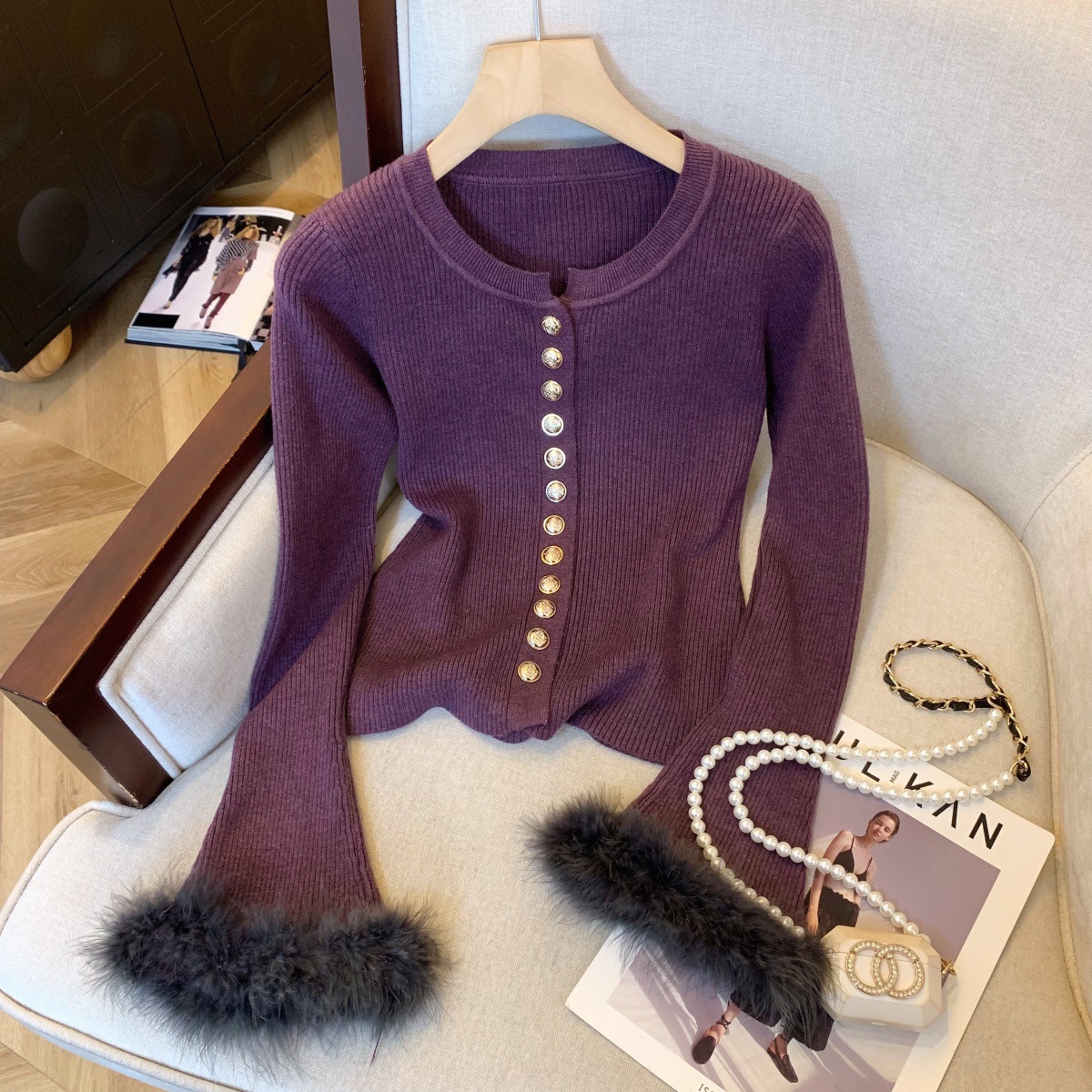 小香风毛毛袖针织打底衫女秋冬新款今年流行的毛衣加厚内搭上衣