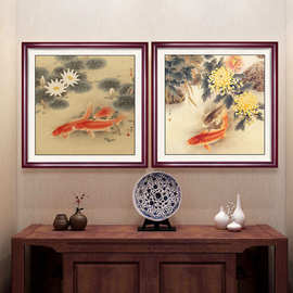 新中式荷花鲤鱼图入户玄关装饰画客厅餐厅挂画牡丹花走廊卧室国画