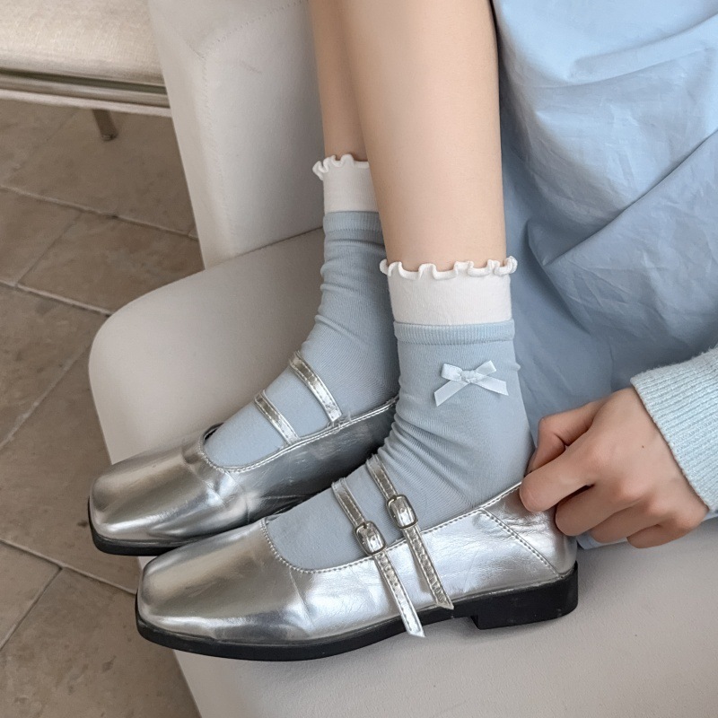 韩系甜美蝴蝶结袜子女春秋薄款木耳边少女中筒袜拼色花边堆堆袜|undefined