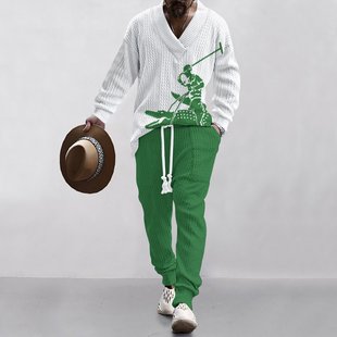 2025 European and American V-Neck Men's Jacquard Knit Sweater Set with Long-Sleeve Top and Jogger Pants, Loose Casual Cross-Border Exclusive