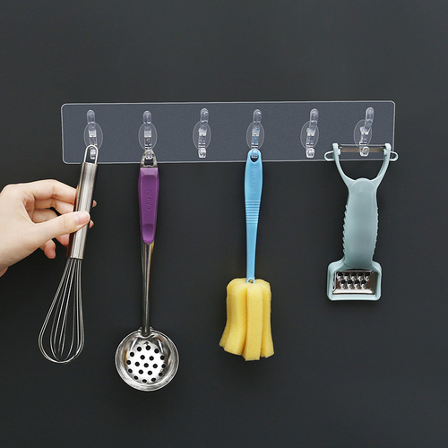 3744 Punch-free six-row coat hooks, strong, traceless door coat hooks, transparent sticky hooks, bathroom wall hangings