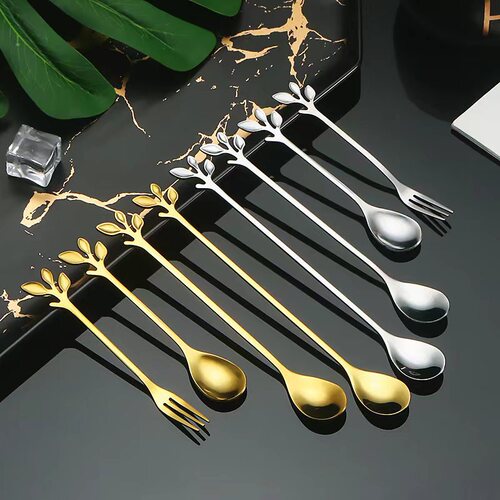 Stainless steel leaf spoon creative golden leaf coffee spoon dessert spoon fruit fork cake fork wholesale gift spoon