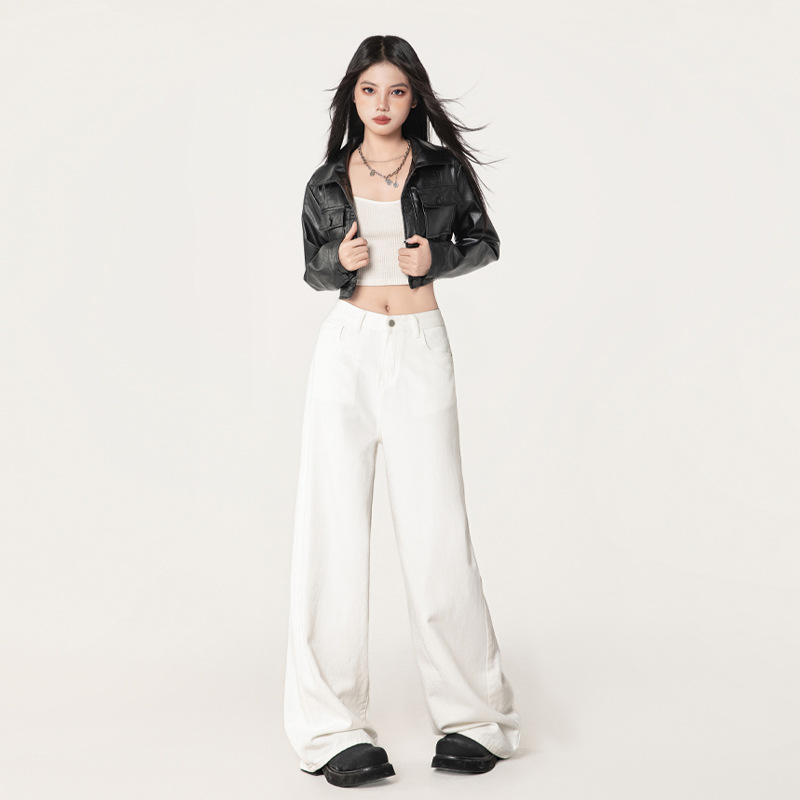 American spring style flip design white wide-leg jeans for women's spring and autumn American retro casual trousers