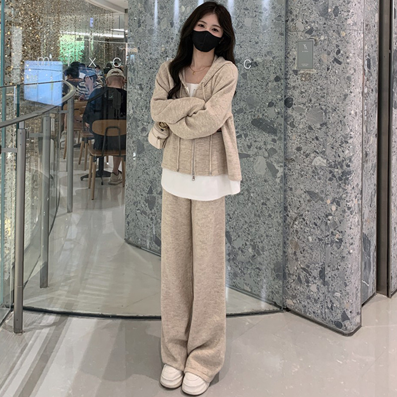 哺乳期套装针织连帽气质显瘦喂奶衣服产后母乳妈妈阔腿裤子两件套|undefined