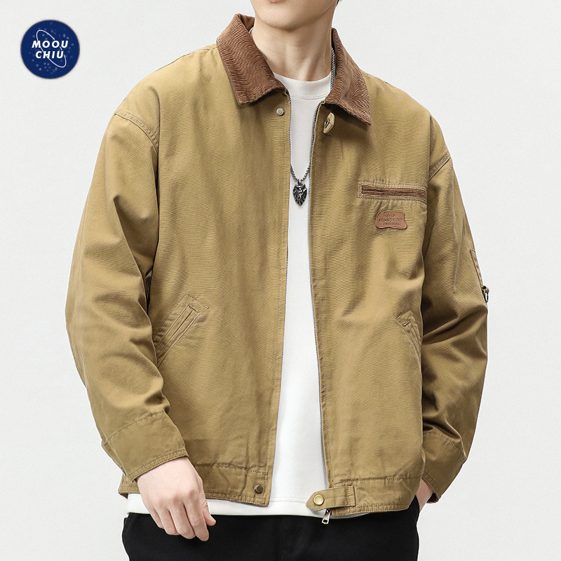 Muqiu Men's Fashion Brand Mountain Style Outdoor Lapel Loose Work Jacket Men's High-End Beaded Canvas American Jacket Muqiu Men's Fashion Brand Mountain Style Outdoor Lapel Loose Work Jacket Men's High-End Beaded Canvas American Jacket