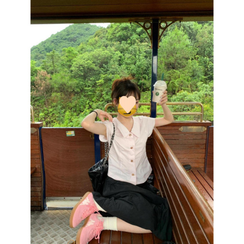 Sweet and Cute Women's College Style Short Sleeve Shirt 2025 Summer Fresh and Youthful Slimming Top Underclothing