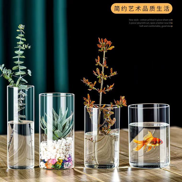 High Borosilicate Straight Glass Vase, Green Radish Small Fish Tank, Flower Arrangement Device, Hydroponic Landscape Flower Pot, Vase, Glass Ornament