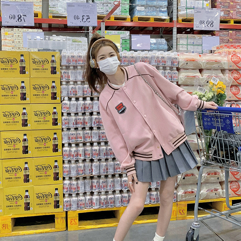 Real Shot Sweet Cute Pink Short Baseball Suit Women's Spring and Autumn Student Small American Academy Style Jacket Coat