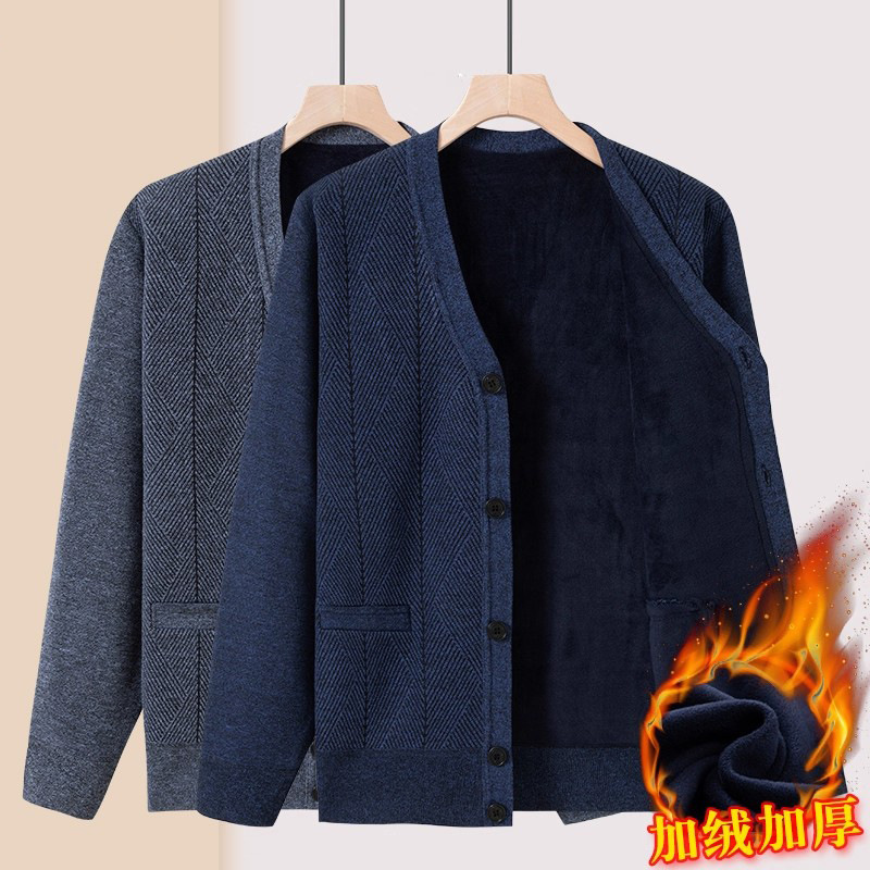 Dad's Autumn and Winter Velvet Thickeneded Cardigan Knitwear for Middle-Aged and Elderly Men's Warm Knitted Knitwear Jacket Grandpa's Top