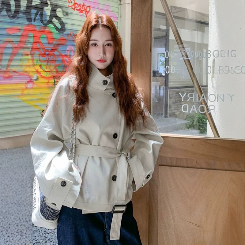 Casual and Elegant Short Trench Coat for Women, 2026 Autumn New British Style Stand Collar Waist-Cinching Top