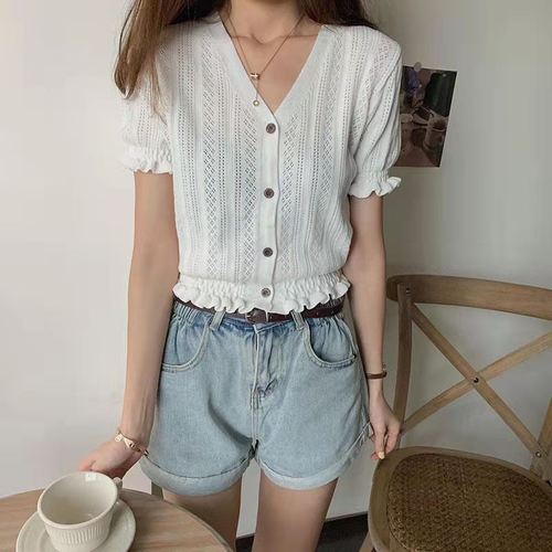 Chic Sexy V-Neck Summer Mesh Hollowed Bust-Baring Ice Silk Short-Sleeve High-Waist Knit Top Women's T-Shirt