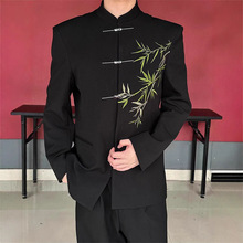 新中式翠竹刺绣垫肩盘扣西装外套时尚潮男士中山装立领唐装小西服
