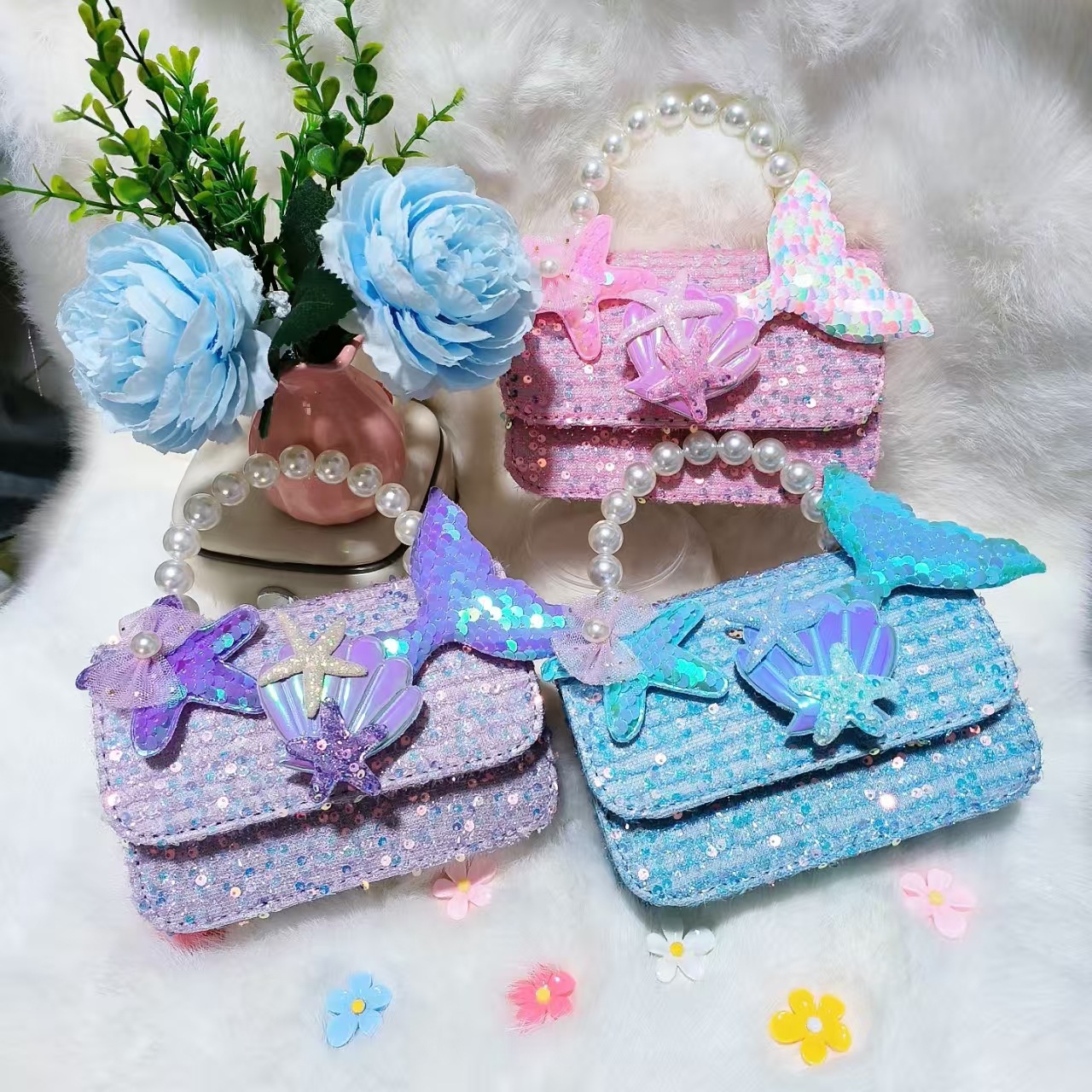 Bolsos infantiles transfronterizos conchas accesorios de cola de pescado lindos bolsos de bambú perlas mariposa bolsos de dibujos animados