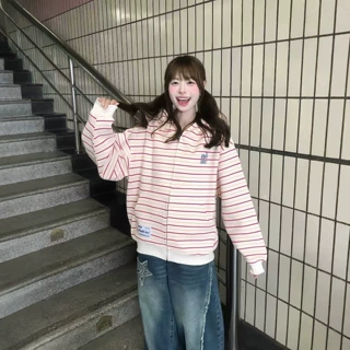 美式复古撞色条纹字母刺绣开衫卫衣女春秋宽松连帽慵懒风拉链外套