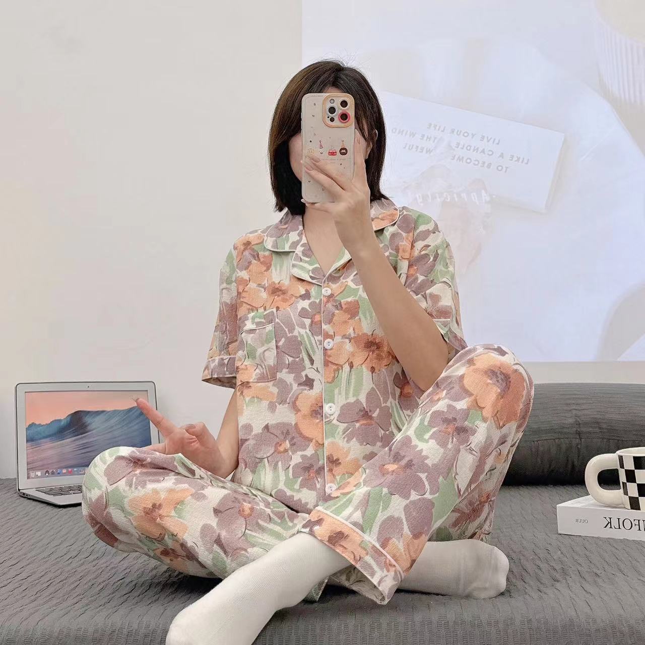Pajamas de espuma tejidos de verano de algodón pantalones largos de mangas cortas ropa para el hogar de verano delgada de algodón conjunto de dos piezas