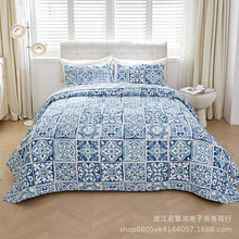 特惠尾货青花瓷全棉欧式手工绗缝被三件套出口床盖纯棉床罩空调被