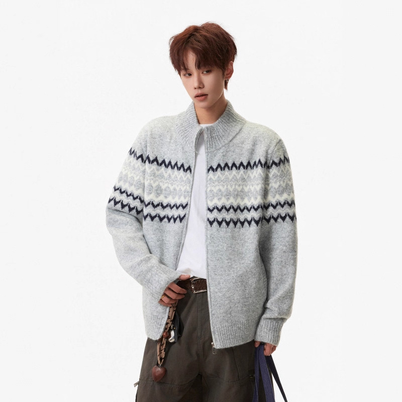 Fair Isle heavyweight thick sweater coat for men, autumn and winter, trendy loose and casual couple zip-up cardigan