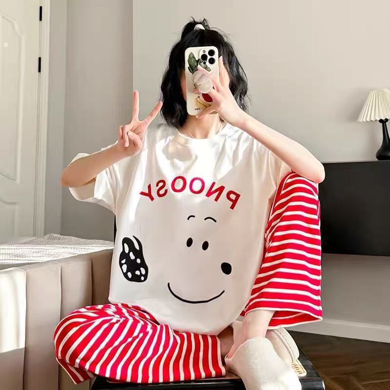 2025 pijamas de mangas cortas de mujer pantalones largos de verano delgados dibujos animados casuales lindos ropa de casa de viento rojo se puede usar fuera